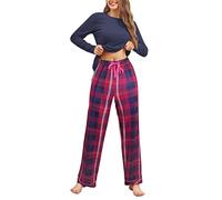 Famulily Pajama Sets for Women UK Soft Lounge Sets O-Neck Sleepwear Tops+Printed Plaid Long Pants Navy Blue XXL