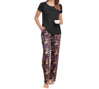 Famulily Pyjama Sets for Women UK Ruched Cap Sleeve Casual Tops and Elastic Wide Leg Bottoms with Pockets Black L