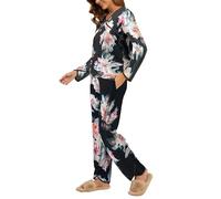 Famulily Pyjama Sets for Women uk Winter Comfy 2 Piece Pjs Wrap Style Contrast Piping Lounewear Sets White S