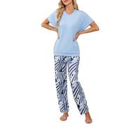 Famulily Pyjamas for Women Summer Soft Two Pieces Pjs Sets Short Sleeve Crewneck Top and Printed Bottoms with Pockets Ladies Nightwear Loungewear Blue XXL