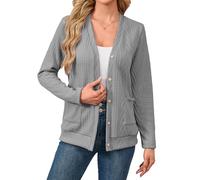 Famulily Rib Knitted Long Sleeve Comfy Cardigans for Women, Button UP V Neck Cardigans for Ladies with Pockets (S, Grey)