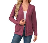 Famulily Rib Knitted Long Sleeve Comfy Cardigans for Women, Button UP V Neck Cardigans for Ladies with Pockets (S, Wine)
