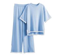 Famulily Sets for Women 2 Piece Outfits Color Blocked Women Oversized Homewear Side Split Hem BlueS
