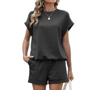 Famulily Short Sleeve Women Tracksuit Set Solid Color Simple Lounge Wear Sets Soft Two Piece Outfits with Pockets Black L