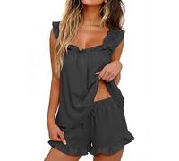 Famulily Summer Pyjamas for Women 2 Piece Sleeveless Pjs Pleated Flutter Tank Top with Shorts Sets Casual Nightwear Black XL