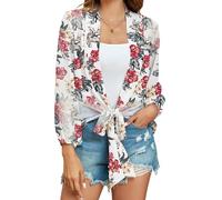 Famulily Tie Front Sheer Tops for Women Elegant Printed Chiffon Long Sleeve Cardigans Summer Beach Cover ups (XL, White Pink)