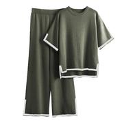 Famulily Tracksuit Sets Women Solid Short Sleeve Top And Wide Leg Long Pants Color BlockedArmy GreenS