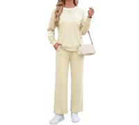 Famulily Tracksuit Womens Full Set Stripe 2 Piece Outfits with Pocket S-XL | Crew Neck, Contrast Striped Sleeves, Chest Pockets, Long Sleeve Top, Wide Leg Elastic Pants, Fall Winter Leisure Suit