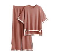Famulily Tracksuits Full Sets for Women 2 Piece Outfits Color Blocked Short Sleeve Top and Wide Leg Pant RedS