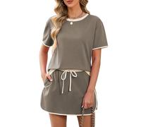 Famulily Two Piece Outfits for Women Summer Short Sleeve Tracksuits Crew Neck Lounge Wear Sets with Drawstring Coffee M