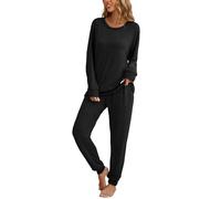 Famulily Women 2 Piece Pajama Sets Side Split Drop Shoulder Tops and Long Pants with Ribbed Cuffs Ladies Pyjama Black L