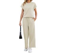Famulily Women 2 Piece Tracksuit Full Set Side Slit Hem Shirt & Cropped Trousers with Drawstring Lounge Sets Beige XXL