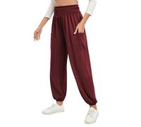 Famulily Women Cotton Sweatpants Loose Fit Solid Yoga Pilates Pants Smocked Waist Harem Trousers Wine XL