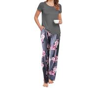 Famulily Women Cute Pyjamas Set Cap Sleeve Plain Shirt and Fashion Floral Printed Pants Summer Lounge Wear Dark Grey S