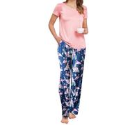 Famulily Women Pyjama Set Ruched Short Sleeve Loungewear 2 Pieces Crew Neck Top & Bottom Nightwear with Pockets Pink M