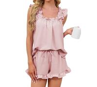 Famulily Women Pyjamas Short Set Pleated Flutter Sleeveless Tops & Lightweight Comfy Shorts 2 Piece Co Ord Set Pink L