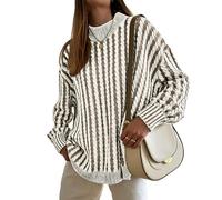 Famulily Women’s Long Sleeve Slouchy Pullover Sweaters Oversized Fall Winter Cable Knit Striped Jumpers Tunic Coffee S