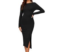 Famulily Women Work Dresses Elegant Casual Button Split Hem Sweater Dress Long Sleeve Plain Ribbed Knit Midi Dresses Black M