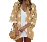 Famulily Women's 2026 Kimono Cover up Cardigans Floral Printed Boho Tops Loose 3/4 Sleeve Lightweight Cardigan (XXL, Brown)