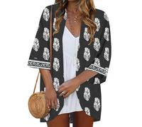 Famulily Women's Bohemian Loose Cardigans Printed Kimono Cover Up Half Sleeve Open Front Summer Cape Tops (S, Black)