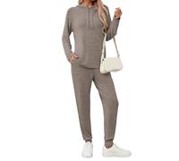 Famulily Women's Casual Workout Tracksuits Solid Color Cozy Sweatsuit Ladies Trendy Matching Sets Coffee M