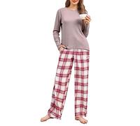 Famulily Womens Comfy Long Sleeve Pajamas Set Cute Knit Top and Plaid Pants Pjs Lounge Sleepwear Sets with Pocket Pink XL