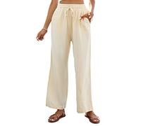 Famulily Women's Cotton Linen Loose Trousers Comfy Waist with Adjustable Drawstring Wide Leg Pants (M, Beige)