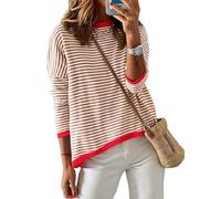 Famulily Women's Crewneck Striped Long Sleeve Jumper Pullover Cute Color Block Sweaters for Ladies (L, Brown)