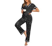 Famulily Women's Cute 2 Piece Printed Pajama Set Soft Lace Trim V Neck Top Matching Full Length Long Pants Black Star M