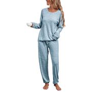Famulily Women's Cute Pyjamas Set Long Sleeve Drop Shoulder Tops and Ankle Cuffs Pants Leisure Sleepwear Sky Blue S