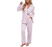 Famulily Womens Elegant Long Pajama Set Comfy Wavy Stripe Heart Print Matching Pj Set Button Sleepwear with Pockets White S