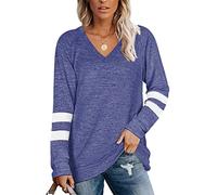 Famulily Womens Fall Tops Long Sleeve V-Neck Striped Shirts Loose Casual Blouse Tee Wear Alone Blue XXL