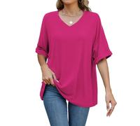 Famulily Women's Fashion Clothing Summer Casual Short Sleeve T Shirt Ladies Basic Solid Color Tunic Tops V Neck Tshirts (XL, Hot Pink)