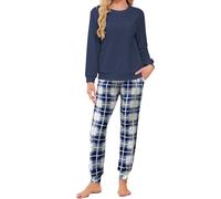 Famulily Womens Fleece Pyjamas Sets Checked Nightwear Pullover Tops and Thermal Bottoms Lounge Leisure Suits for Ladies Fuzzy Pajamas Navy S