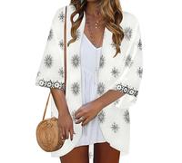 Famulily Women's Floral Printed Summer Kimono Cardigans 3/4 Sleeve Open Front Lightweight Ladies Boho Top (S, White)