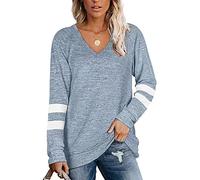 Famulily Womens Light Jumper Solid Color V-Neck Causal Sweatshirt as Sky Blue L