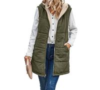 Famulily Women's Long Gilets 2024 Fall Winter Reversible Sleeveless Jacket Hooded Fleece Coat with Pocket Army Green L