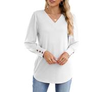 Famulily Womens Long Sleeve Going Out Tops V Neck Draped Casual T Shirt Autumn Winter Tunic Blouse Wear with Leggings White M