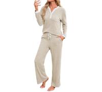 Famulily Womens Long Sleeve Pyjamas Set,Ribbed Pjs Loungewear Chest Pocket | Contrast Color,Decorative Button V Neck,Drawstring Wide Leg Trousers with Pockets,Light but Warm,Coming Home/Sleep/Lounging