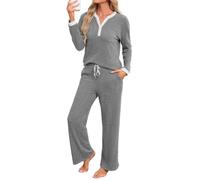 Famulily Womens Long Sleeve Pyjamas Set,Ribbed Pjs Loungewear Chest Pocket | Contrast Color,Decorative Button V Neck,Drawstring Wide Leg Trousers with Pockets,Light but Warm,Coming Home/Sleep/Lounging
