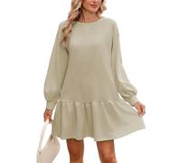 Famulily Womens Long Sleeve Short Baby Doll Dress Cute Patchwork Ruffle Pullover Tunics for Leggings Beige L