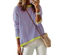 Famulily Women's Long Sleeve Striped Jumpers Color Block Loose Fitted Crewneck Sweater Pullover Tops (L, Pink)