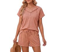 Famulily Womens Lounge Co Ord Sets Summer Soft 2 Piece Tracksuit Full Short Set Cap Sleeve Button Down Top & Elastic Shorts Activewear Pink M