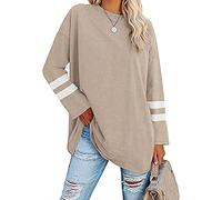 Famulily Women's Oversized T Shirts Striped Long Sleeve O Neck Comfy Cozy Cotton Tunic Tops Beige S