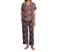 Famulily Women's Pajama Set Short Sleeve Pleated Top and Wide Leg Pants Ladies Cropped Pyjamas Floral Print Pjs Sets Sleepwear Nightwaer with Pockets Black L