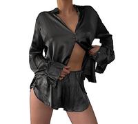 Famulily Women's Pyjama Set Silk Satin Long Sleeve Button Down Pjs 2 Piece Comfy Sleepwear Lounge Sets for Sleeping Black M