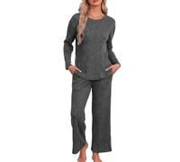 Famulily Womens Pyjamas Long Sleeve Lounge Wear Sets Ribbed Leisure Suits | Transitional Pajamas for the Fall/Winter,Light but Warm,Round Neck,Drawstring Trousers,Pockets,Coming Home/Travel/Lounging