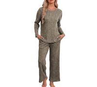 Famulily Womens Pyjamas Long Sleeve Lounge Wear Sets Ribbed Leisure Suits | Transitional Pajamas for the Fall/Winter,Light but Warm,Round Neck,Drawstring Trousers,Pockets,Coming Home/Travel/Lounging
