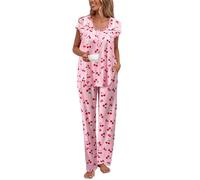 Famulily Women's Pyjamas Ruffled Short Sleeve Top with Pants Set Full-Length Pajama Set Two-Piece Pjs with Pockets Red M