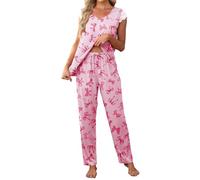 Famulily Womens Pyjamas Set 2 Piece Elegant Lace Cap Sleeve Top and Printed Drawstring Waist Ankle Length Pants with Pockets